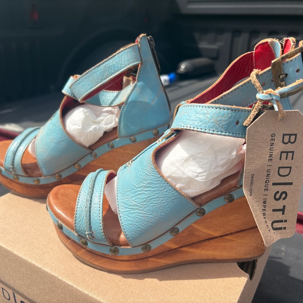BED|STU Blue and Brown Wedge Sandals with Cutout Details